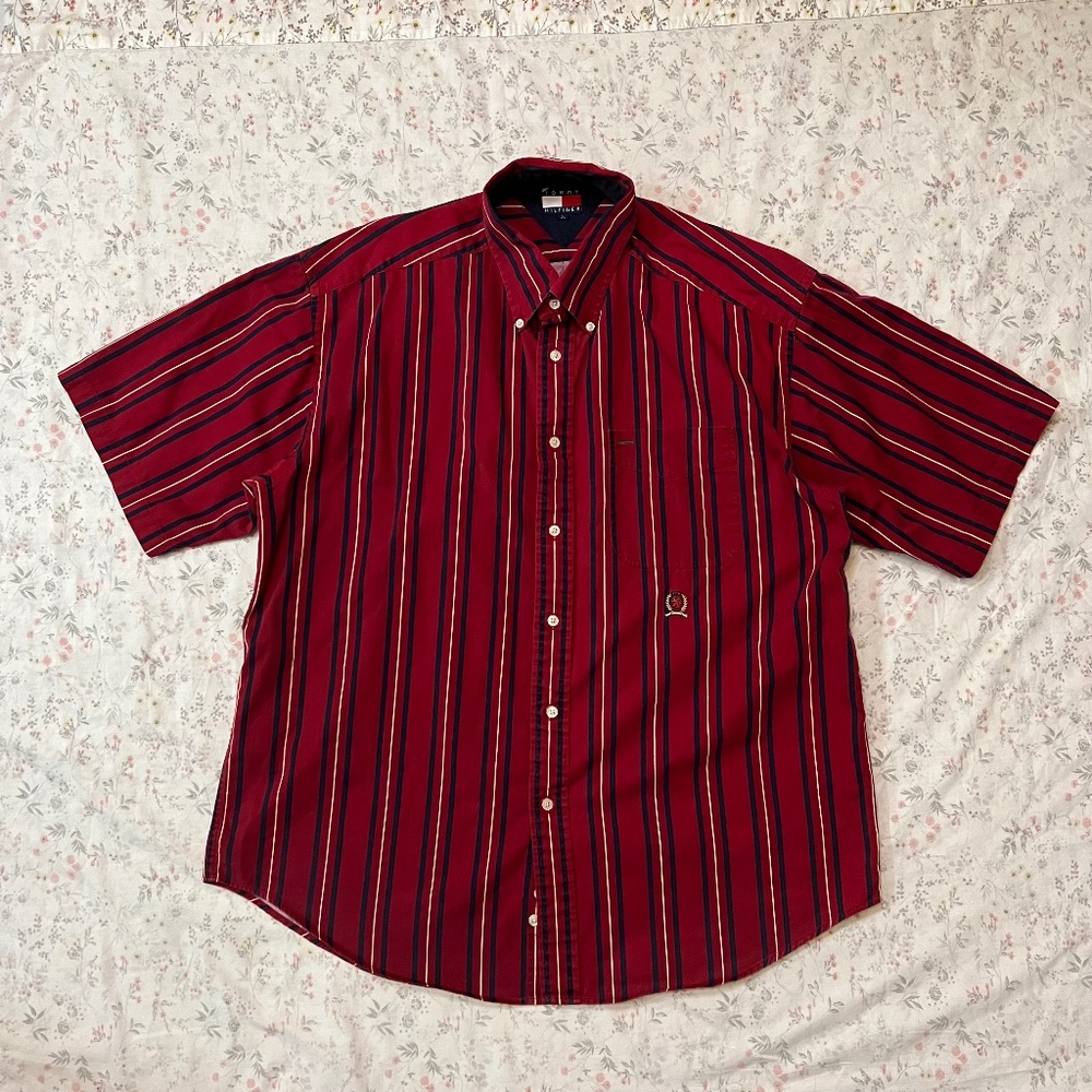 Vintage 90s Tommy Hilfiger Short Sleeve Button Up Camp 100% Cotton Striped Large